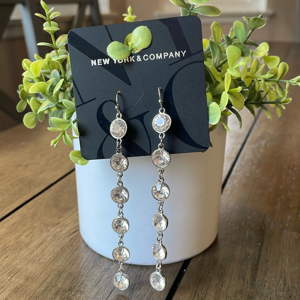 New York & Company, Long Rhinestone Sliver Earrings, NWT, Length 4 Inches
